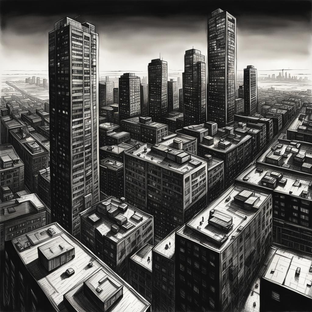 High Contrast Cityscape Ink Illustration at Sunrise