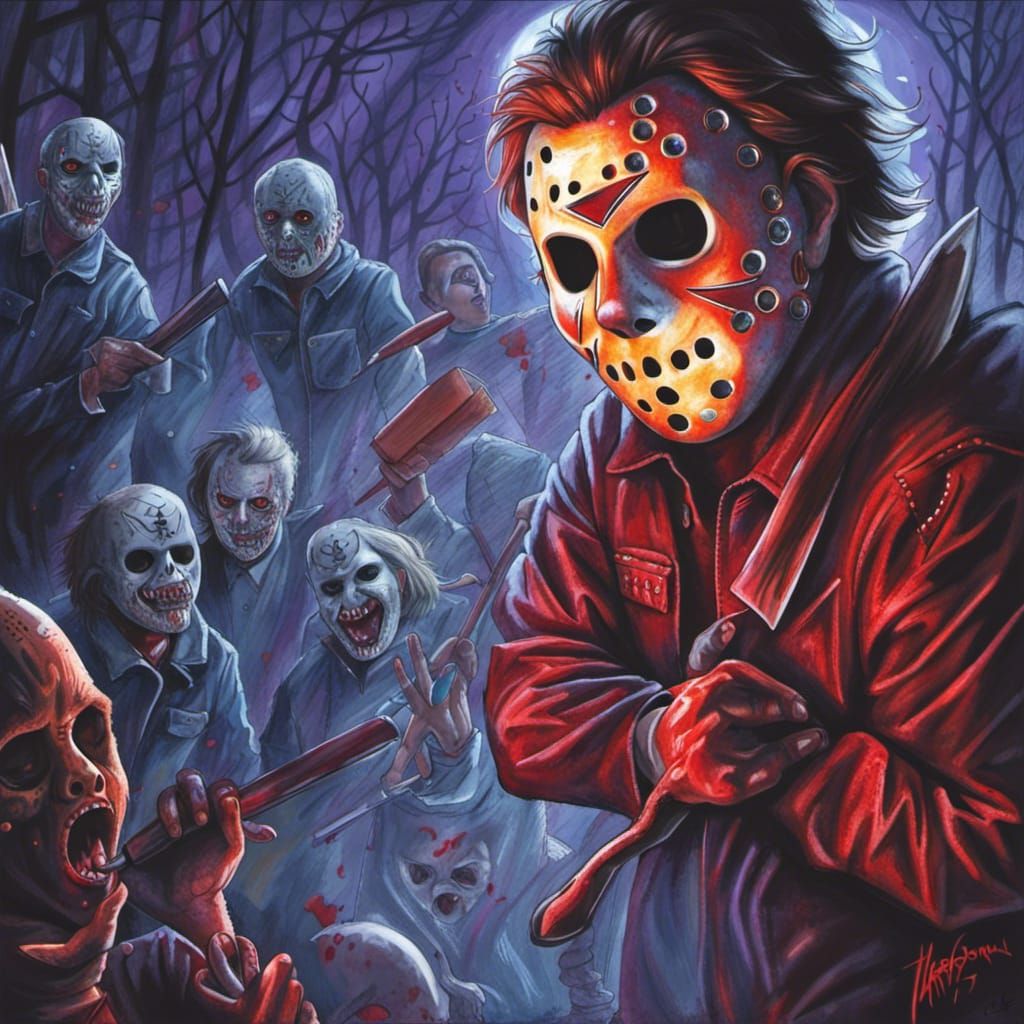 Jason Voorhees with his gang of living deads