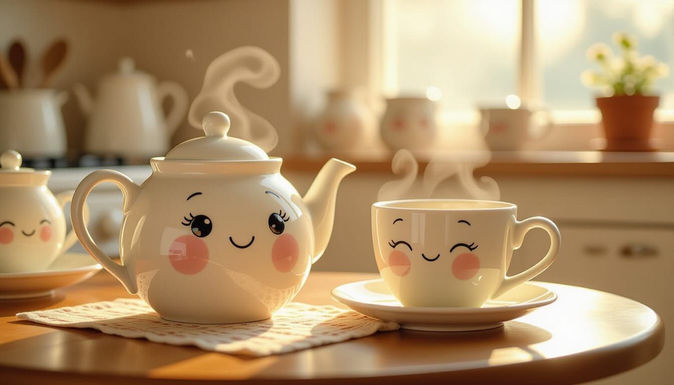 Smiling Teapot and Cup in Whimsical Storybook Style
