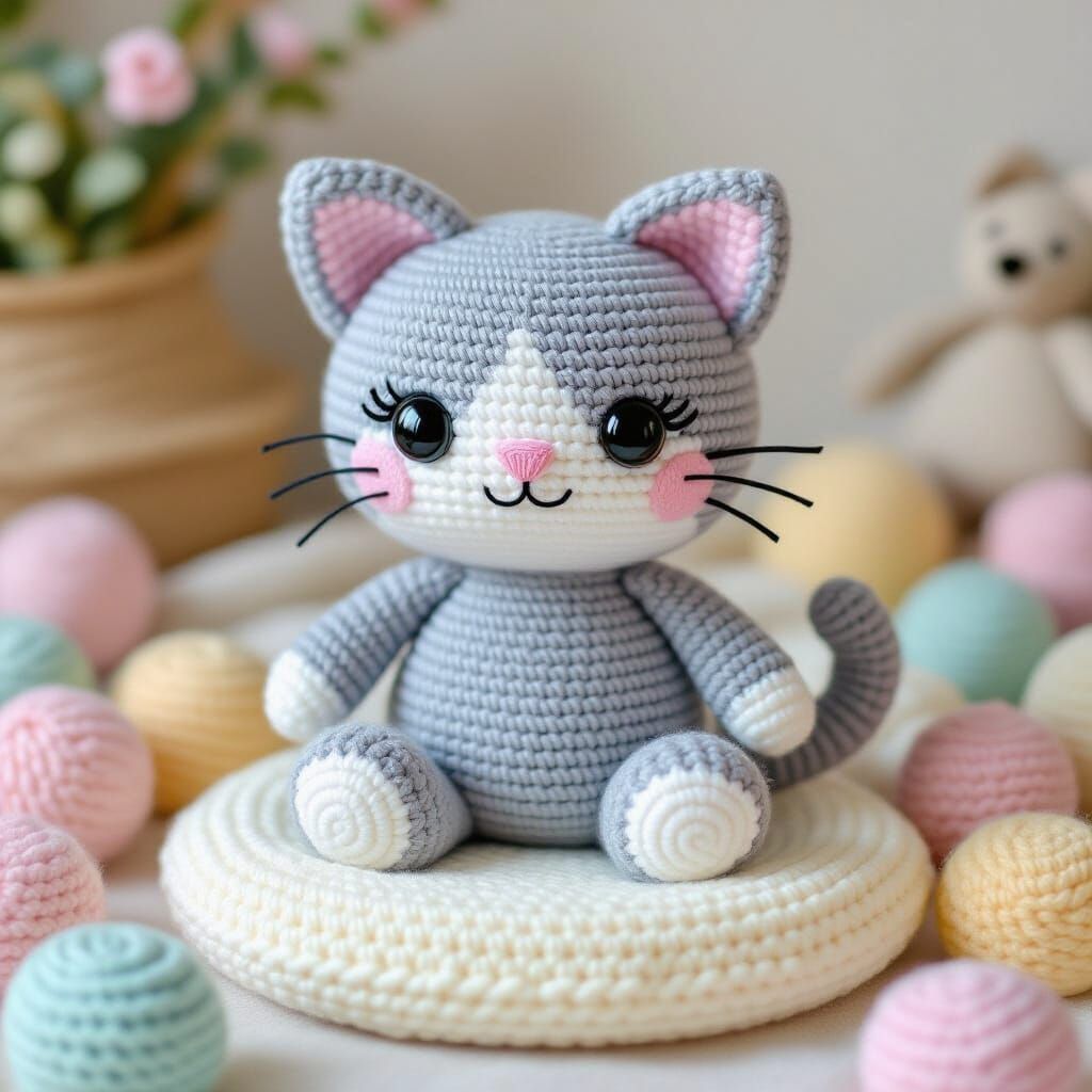 Cute Grey Cat Amigurumi Sitting on Crochet Cushion