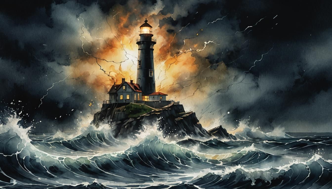 Lighthouse Beacon in Stormy Night, Watercolor Style