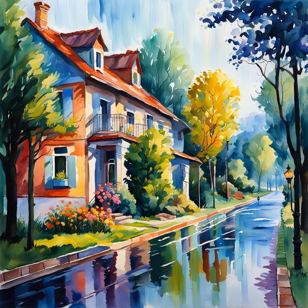 Magical Sunny Suburb Day in Gouache Style