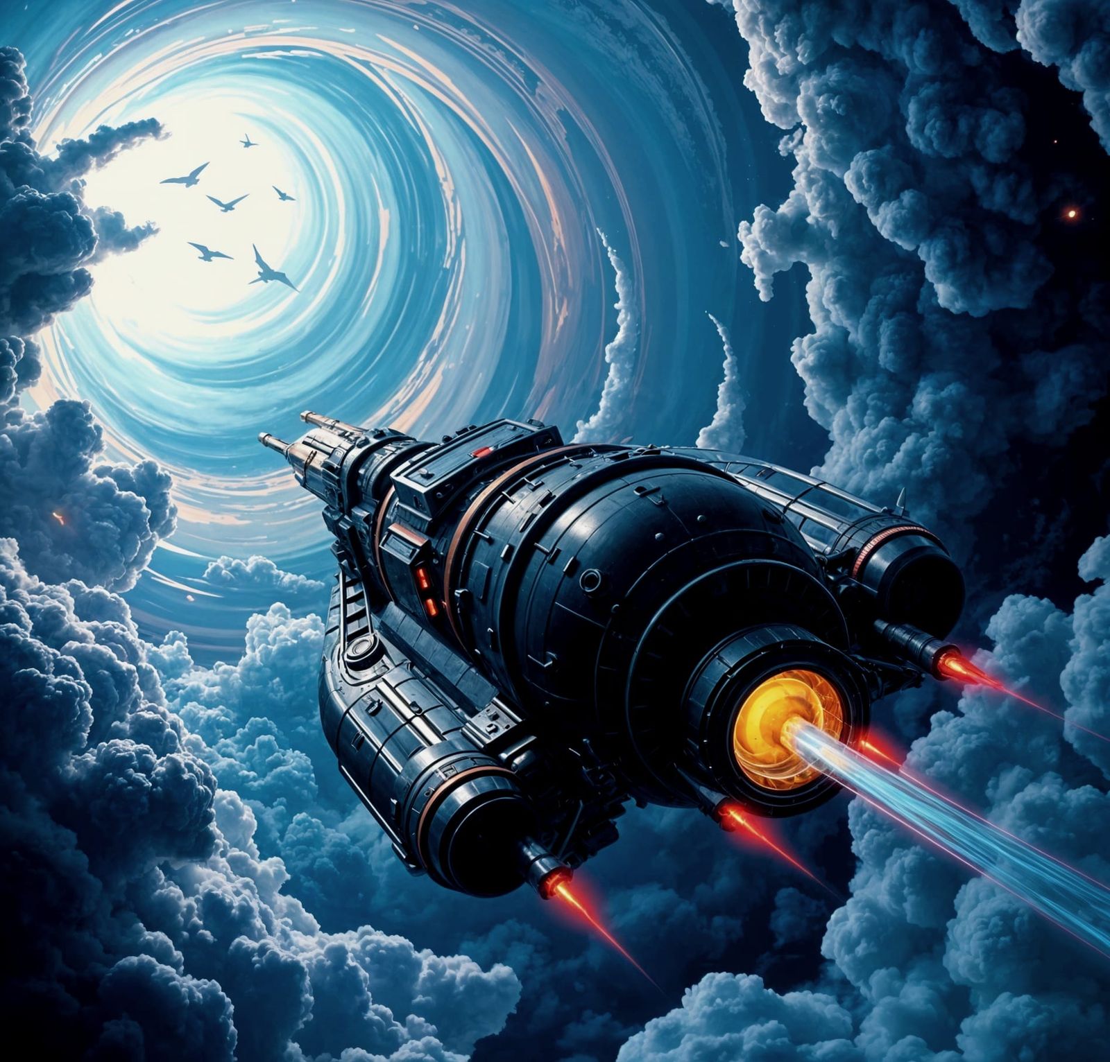 Cyberpunk Rocketship Soaring Through Surreal Cloudscape