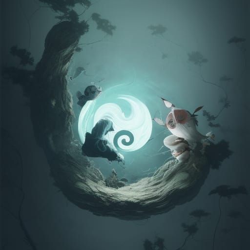 Ghostly Yin and Yang Illustration in Studio Ghibli Style