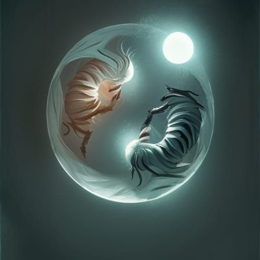 Ghostly Yin and Yang Illustration in Ghibli Style
