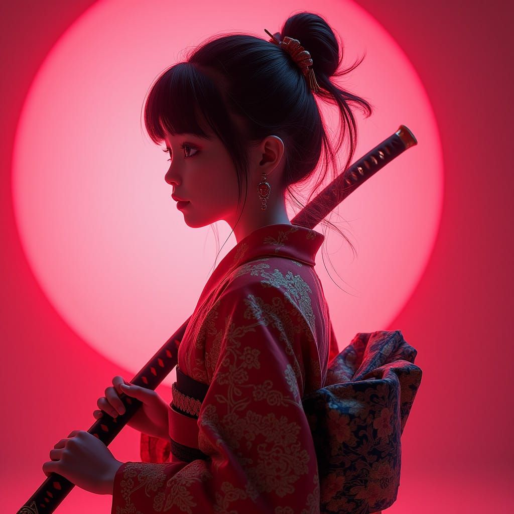 Young Girl in Vibrant Kimono, Holding Katana, Against Pink S...