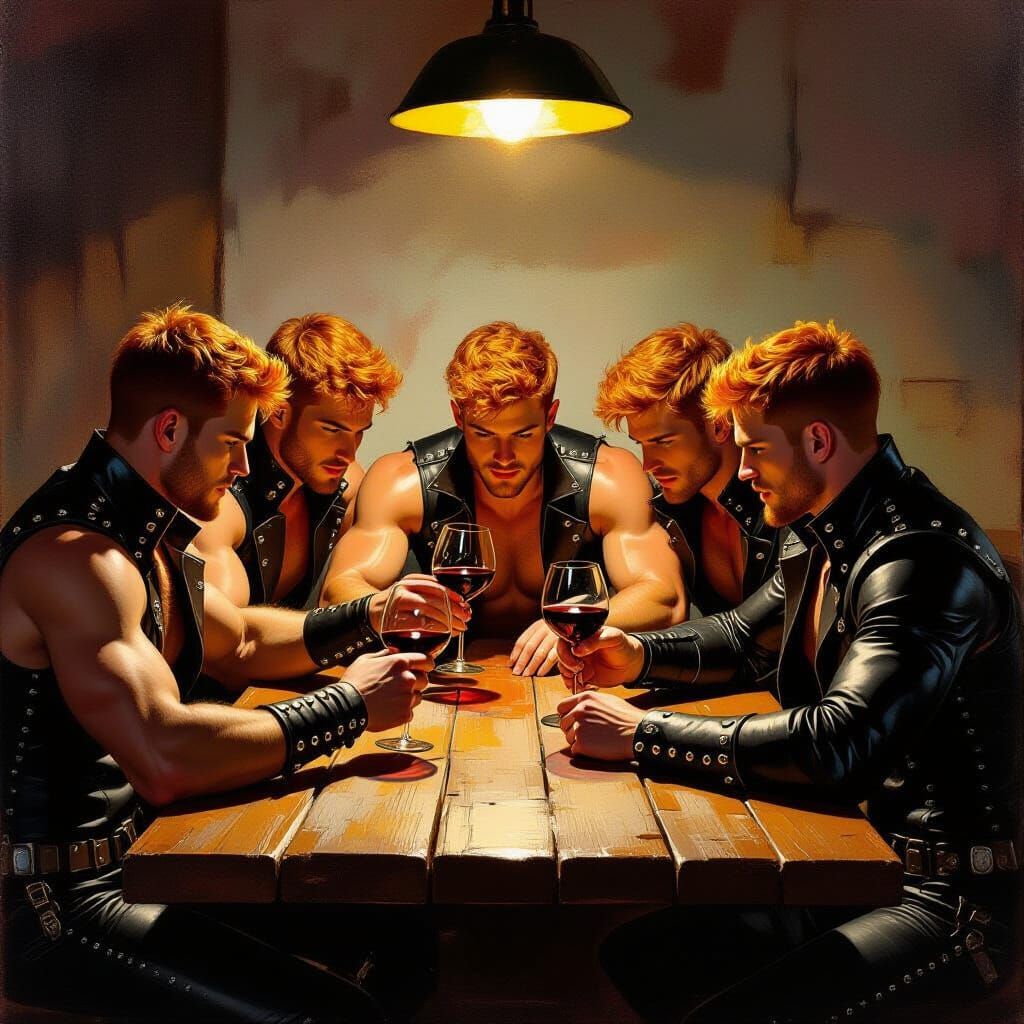 Muscular Men in Leather Drink Wine in Cadmus Style