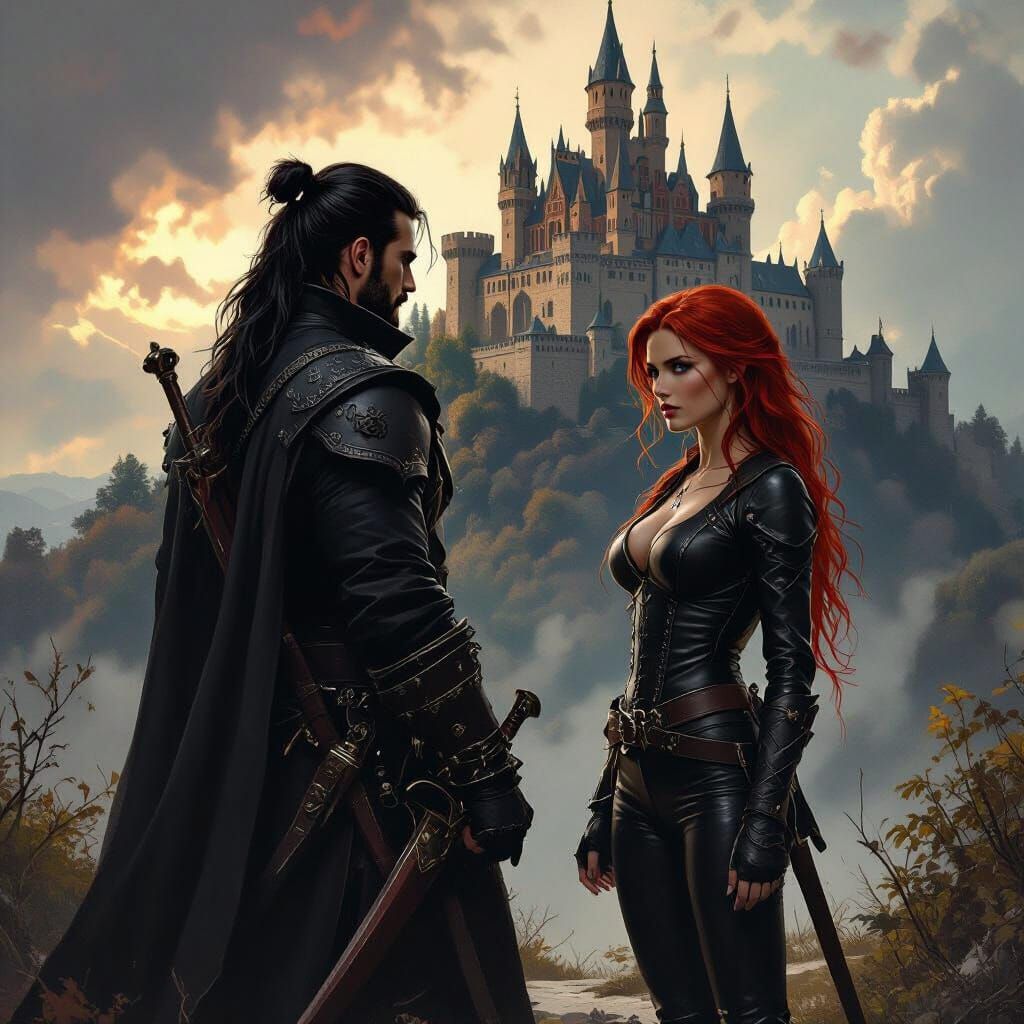Medieval Hunter and Assassin Before Castle