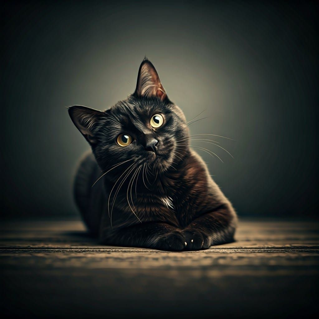 Cinematic Black Cat Film Still in Awkward Pose