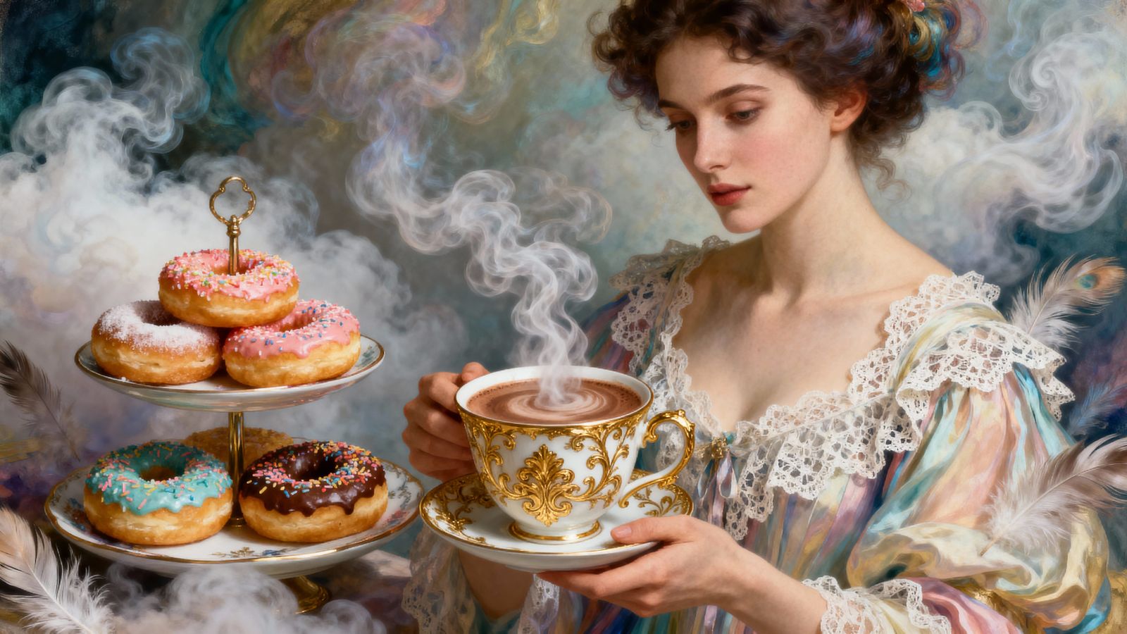 Whimsical Woman With Mocha Cup in Dreamy, Surreal Atmosphere
