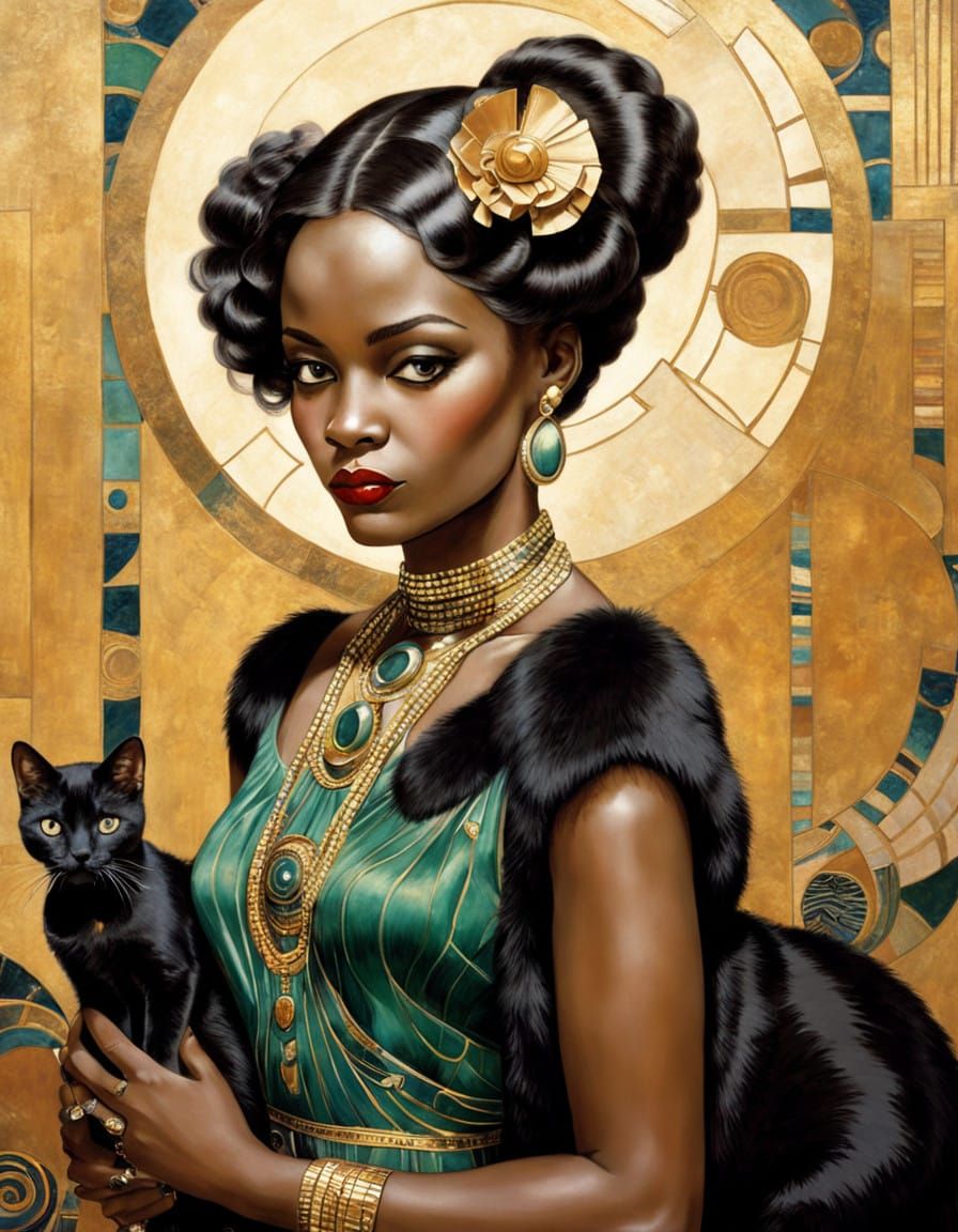 Elegant Lady in Art Deco Style with Her Feline Companion