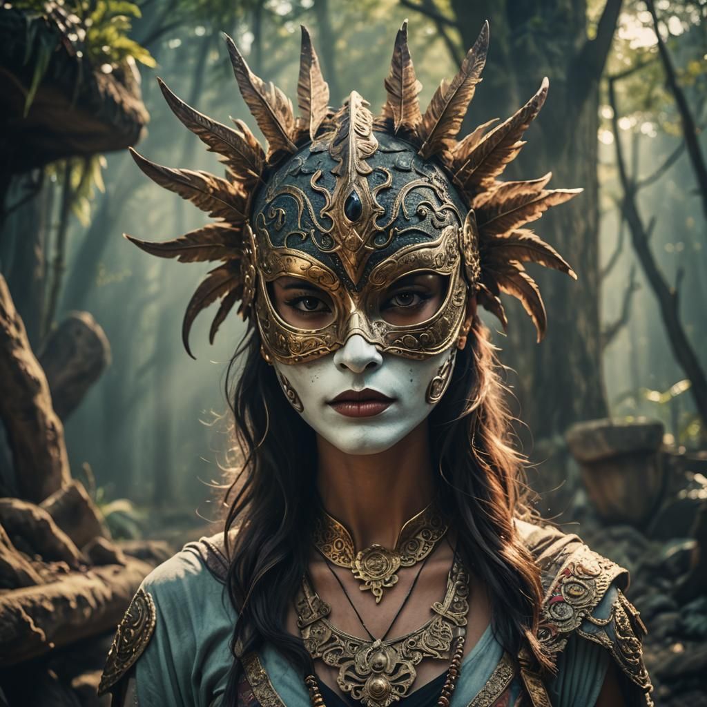 Mythical Girl in Mask with Sacred Background