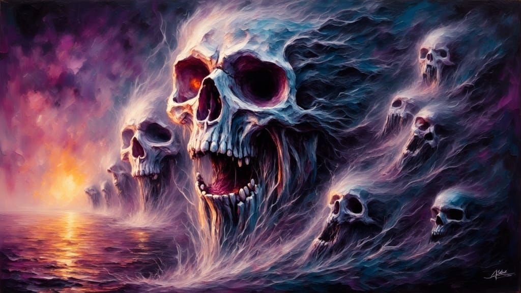 Ghost Skull in 1901, Surrealist Oil Painting with Biolumines...