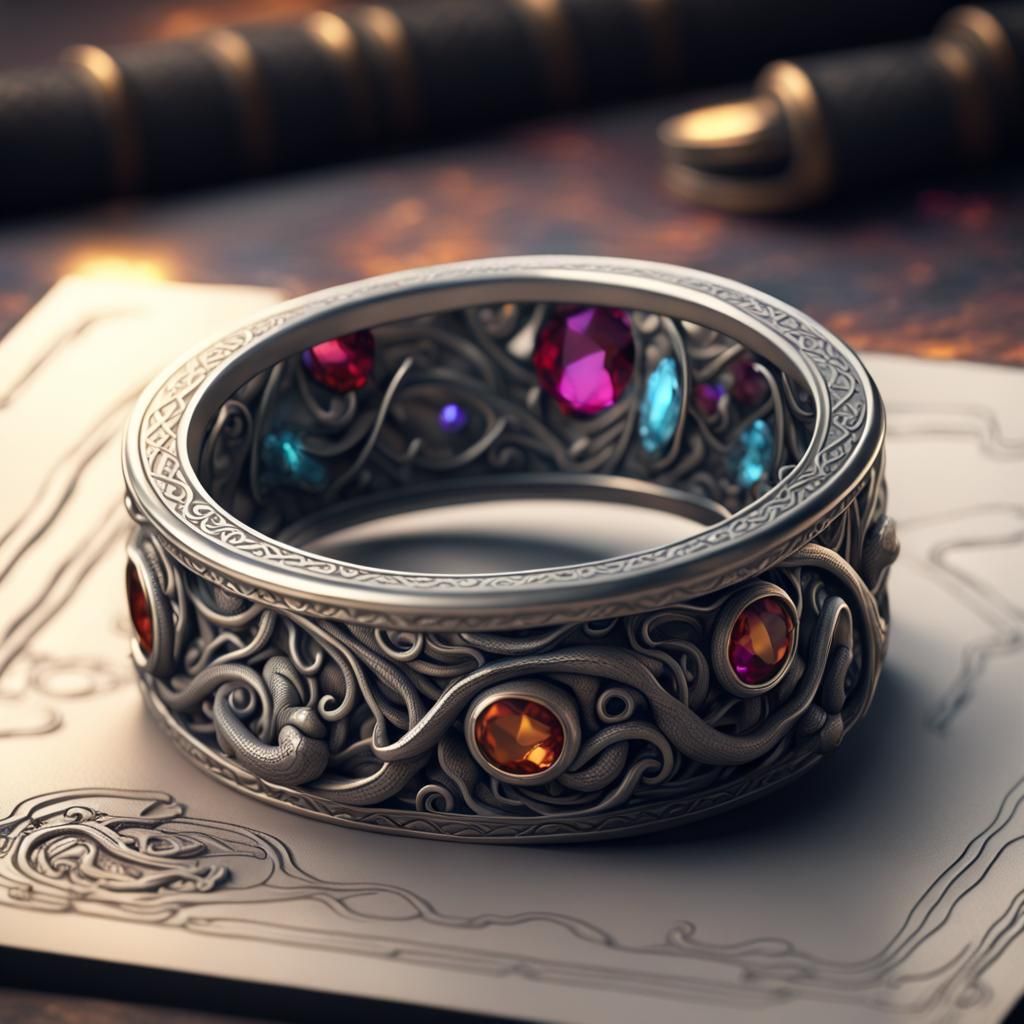Engraved Magical Ring with Jewels in Fantasy Style