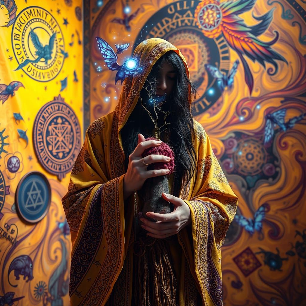 Cosmic Visionary Holds the Ruby Root in Vibrant, Ethereal Re...