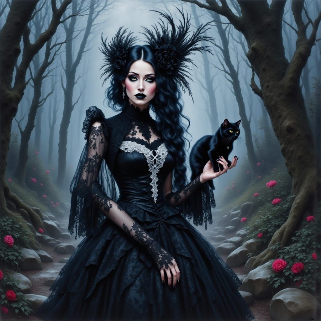Gothic Woman and Black Cat in Magical Forest Watercolor