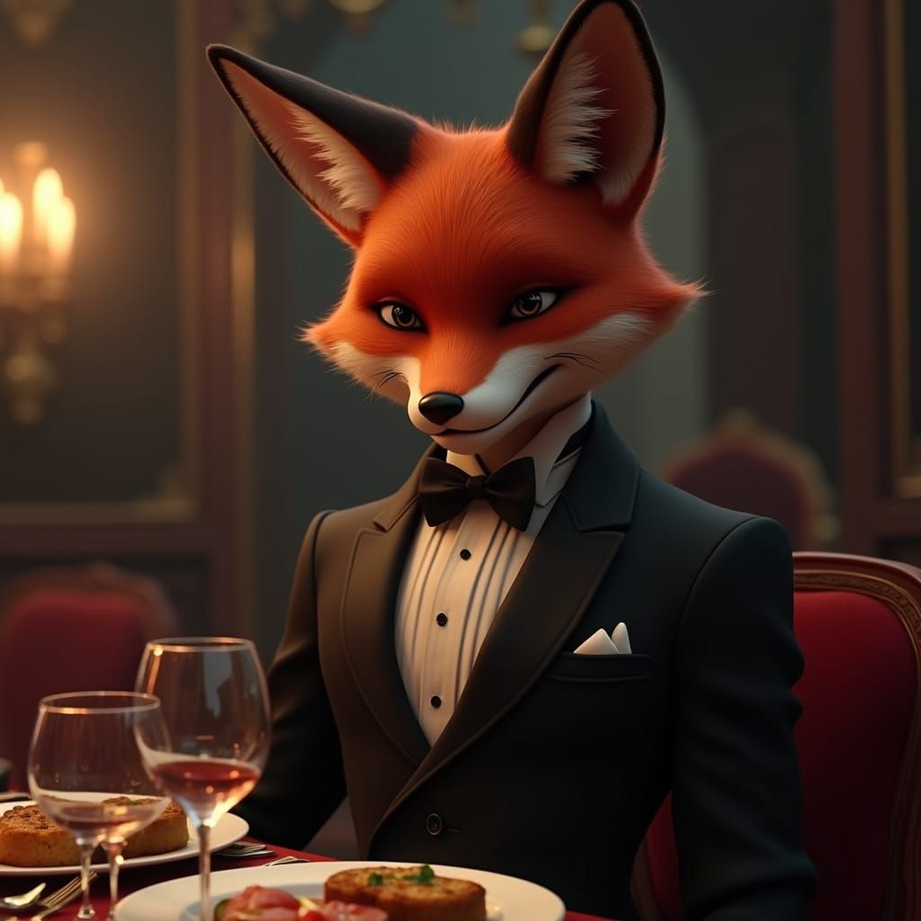 Anthropomorphic Fox in Tuxedo at Lavish Dinner Party