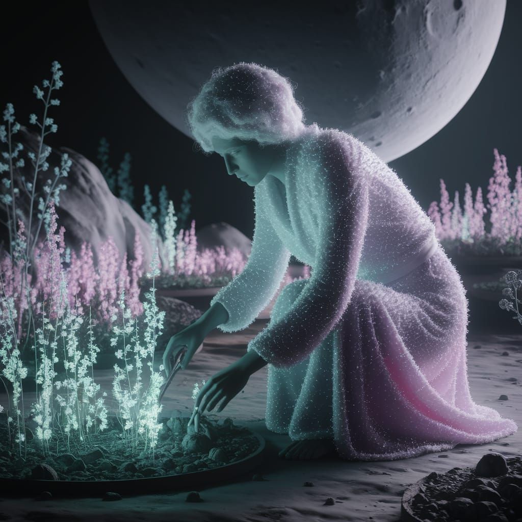 Celestial Gardener and Bioluminescent Moon Garden in Art Nou...