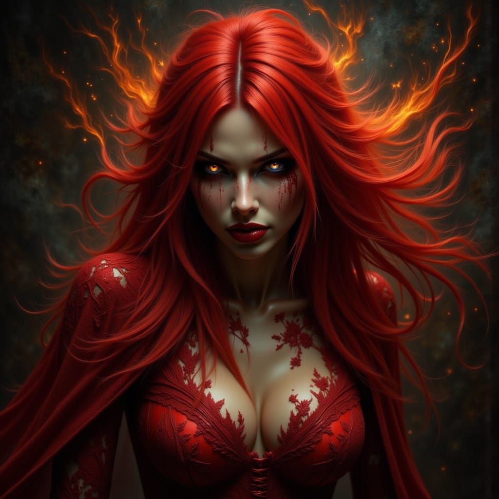 Fiery Red Hair Woman in Dramatic Digital Painting