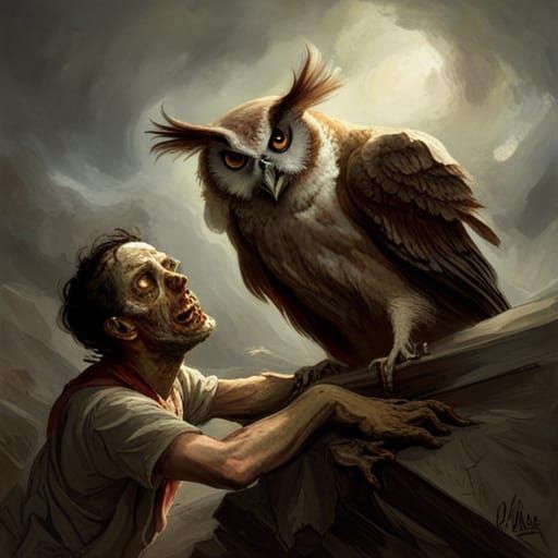 Owl Ripping Zombie Head: Horror Art