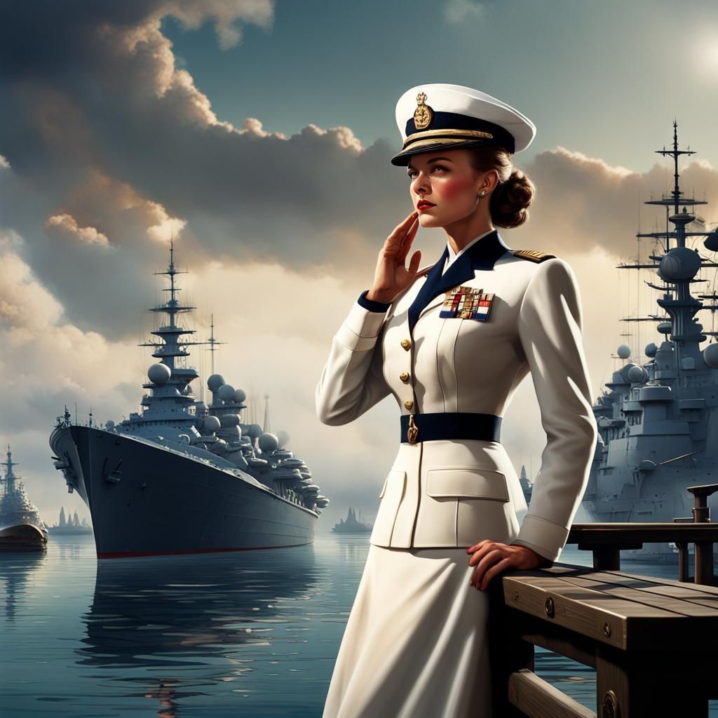 1940s Woman Saluting Ship: Detailed Matte Painting