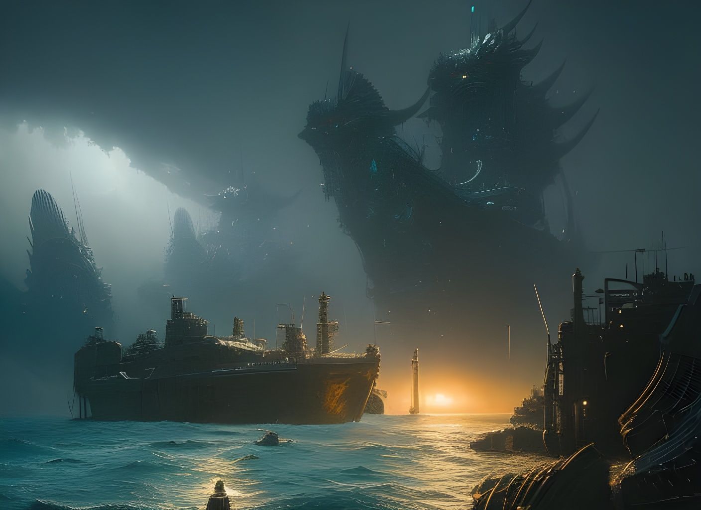 Battleship vs Alien Fleet in Gritty Watercolor Style