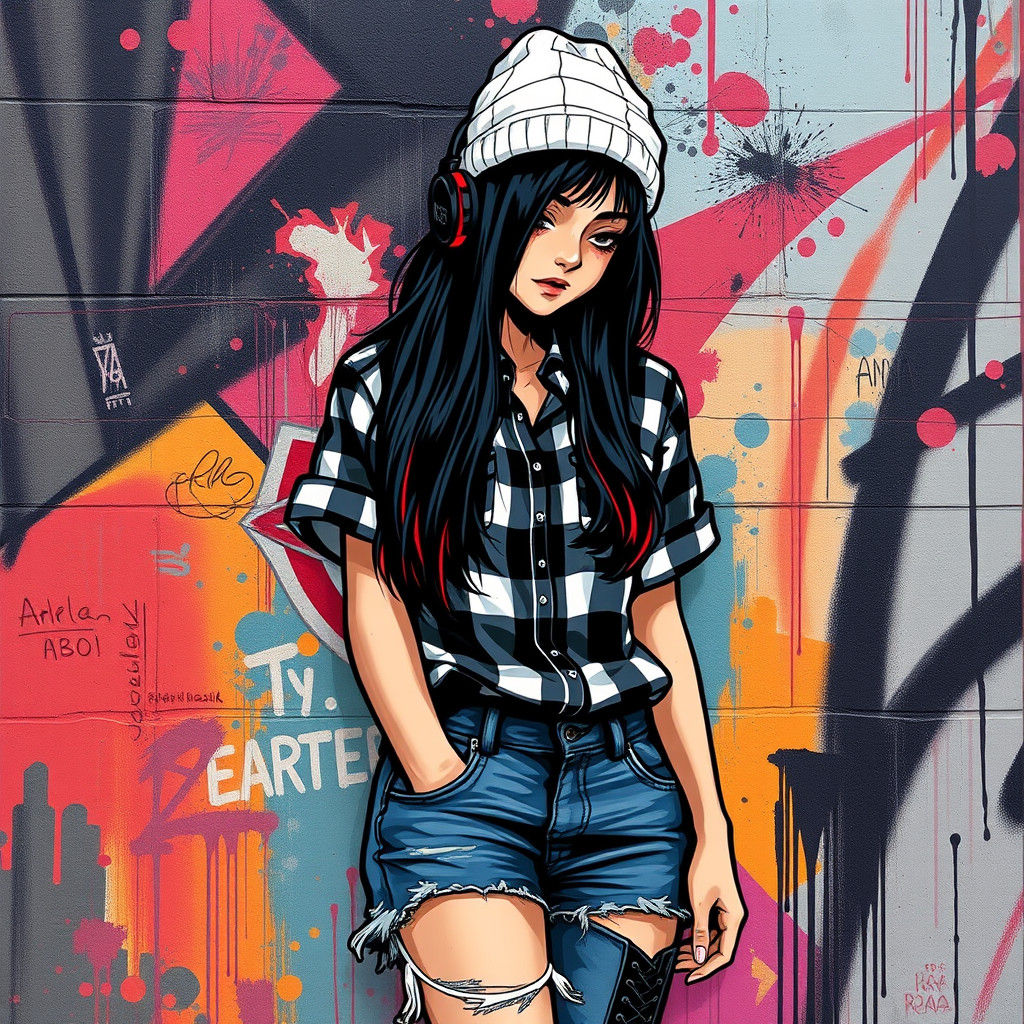 Girl with Black Hair in Graffiti Art Style
