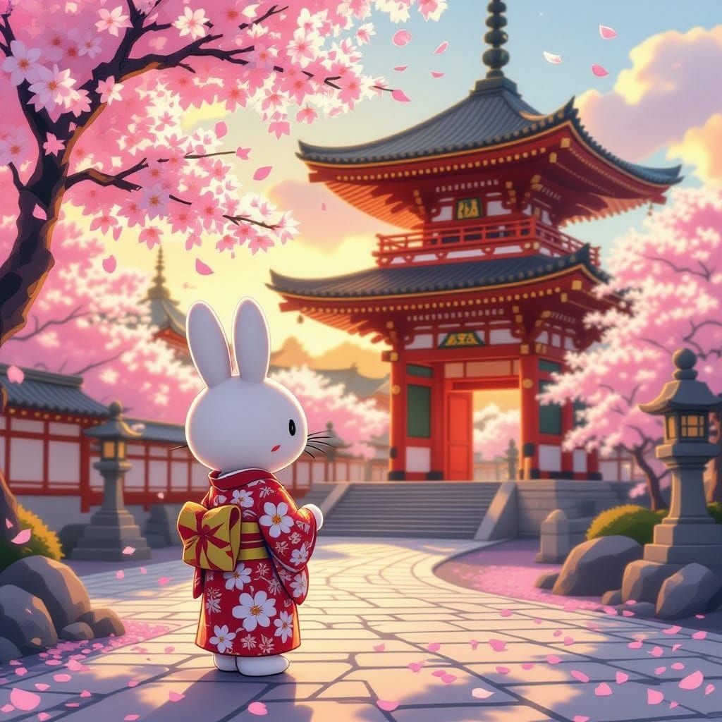 Miffy in Kimono at Japanese Temple with Cherry Blossoms