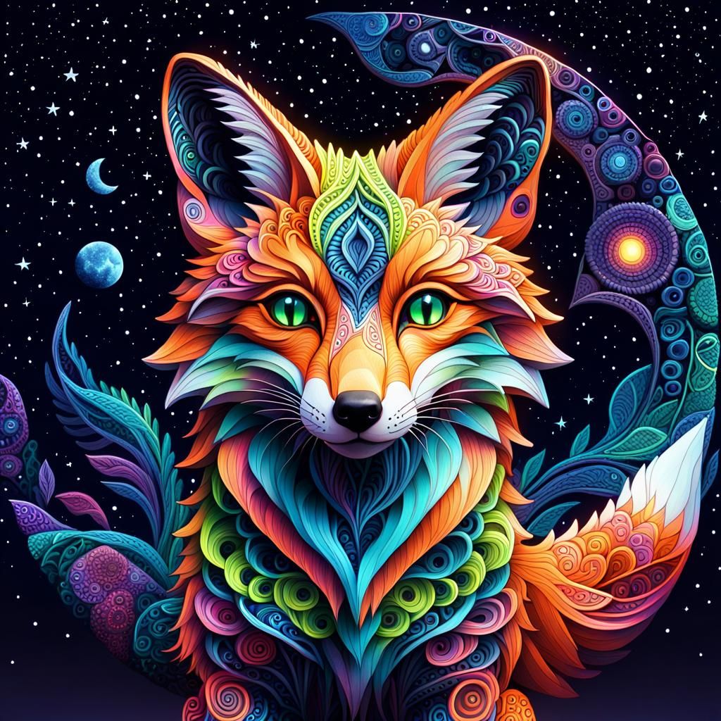 Neon Fractal Fox Sculpture in Cosmic Night Sky