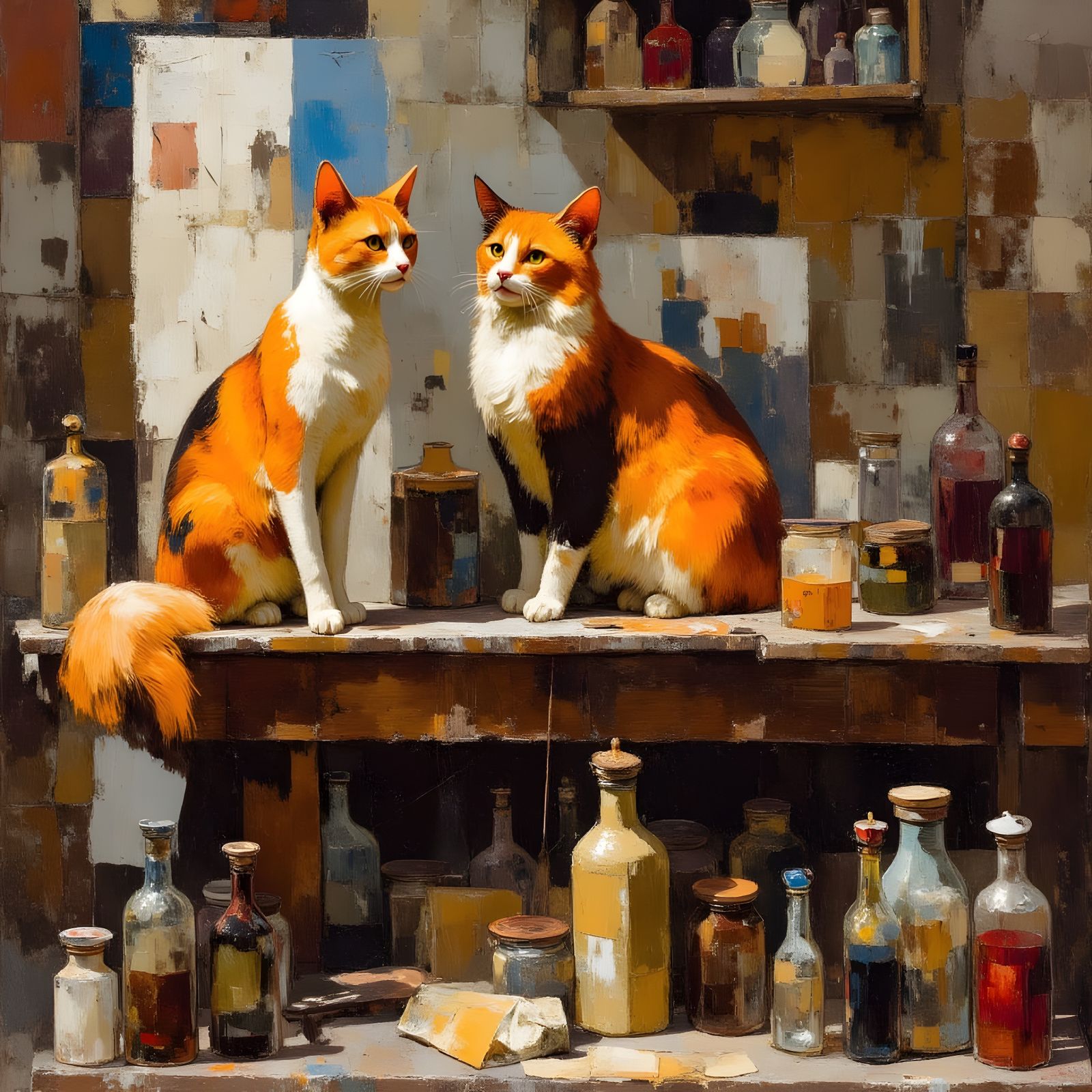 Cats on a Hobby Table with Tools and Train Parts