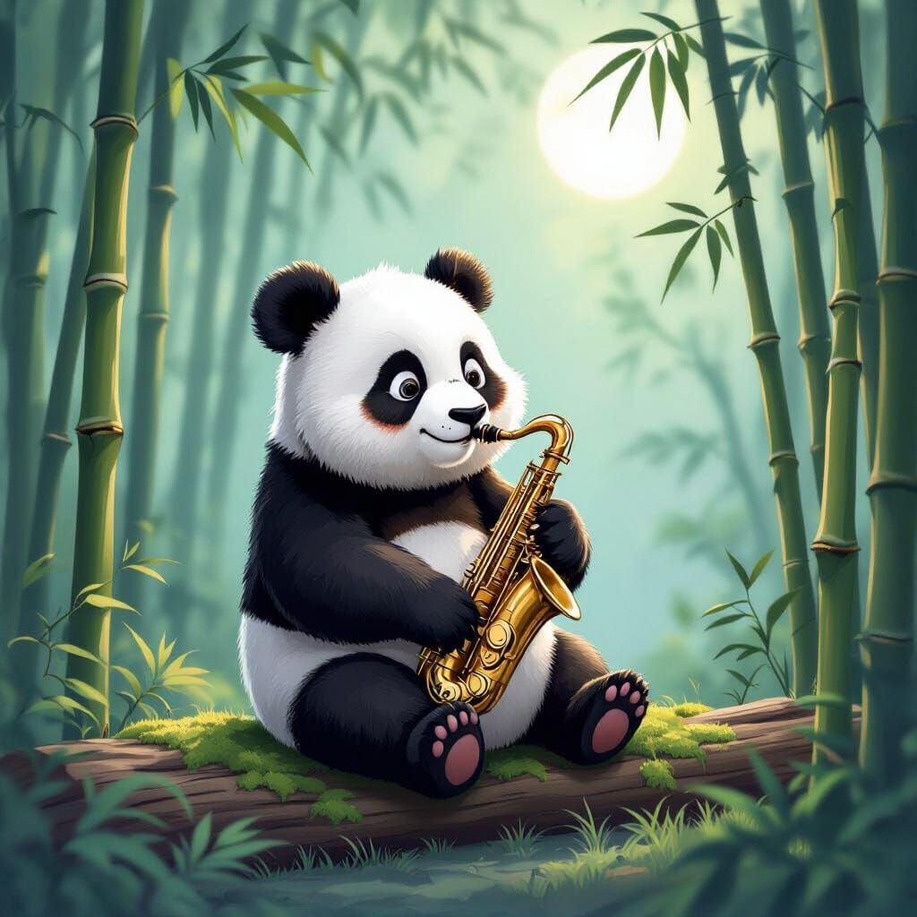 Panda Plays Saxophone in Moonlit Bamboo Forest