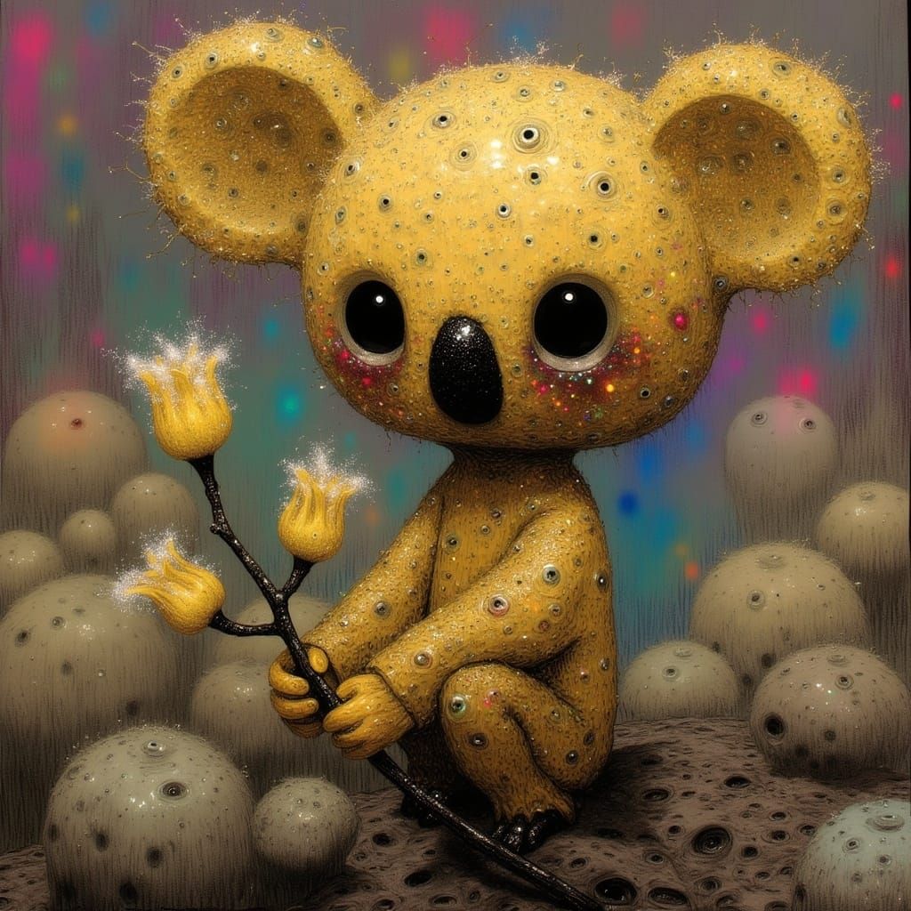 Delicate Anime-Inspired Golden Koala Sculpture in Vibrant, M...