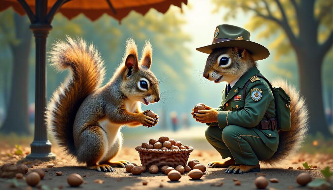 Anthropomorphic Squirrel's Nut Heist: A Surreal Painting