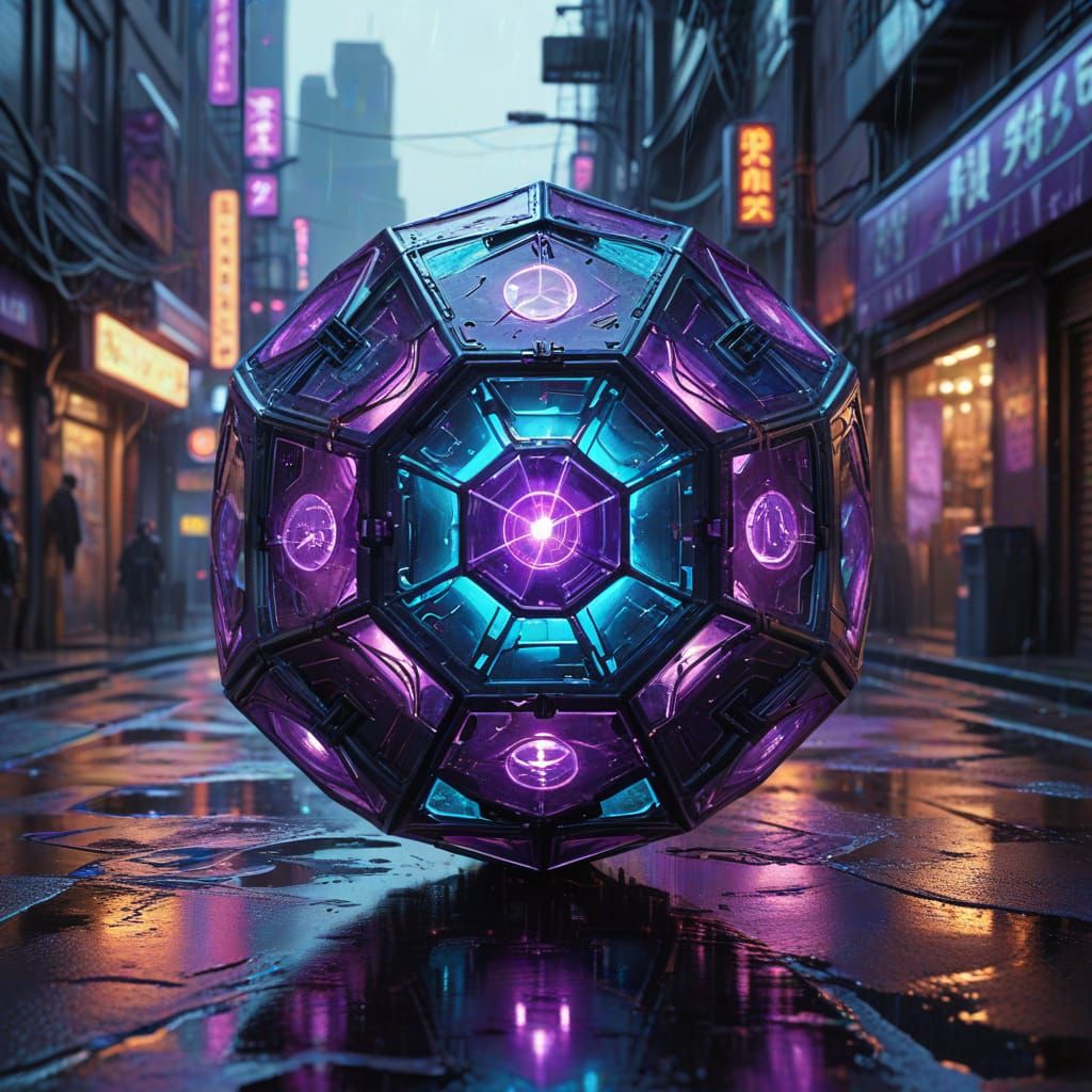 Cyberpunk Alley with Hovering AI Core in Painterly Style