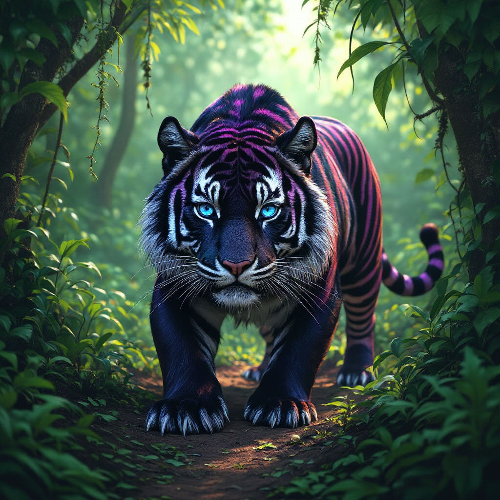 Majestic Black Tiger with Purple Stripes in Jungle