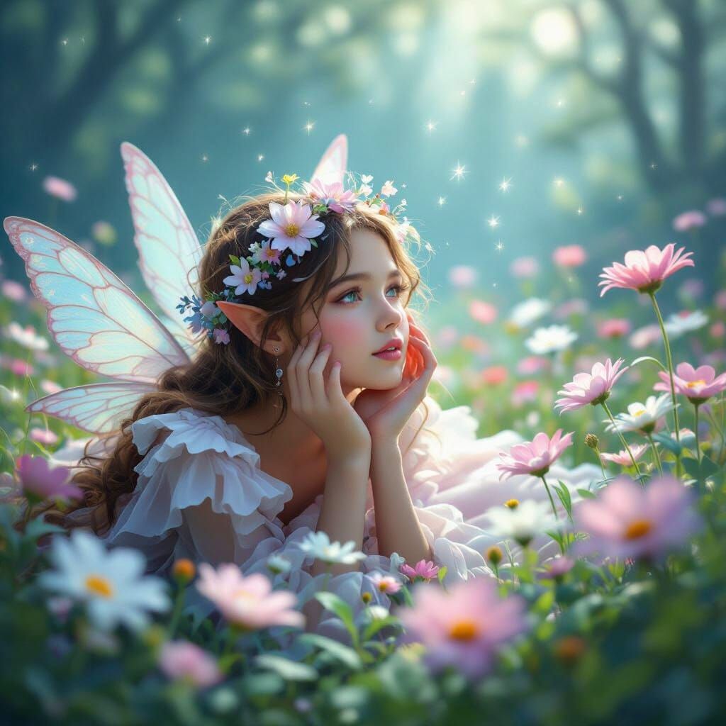 Fairy in Flower Field with Ethereal Gaze