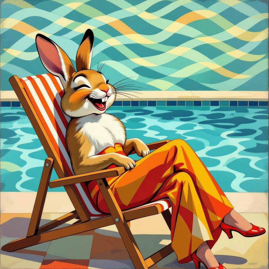 Art Deco Rabbit Relaxing Poolside