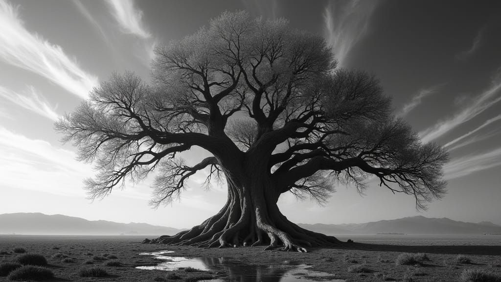 Dramatic Twisted Tree Landscape in Black and White