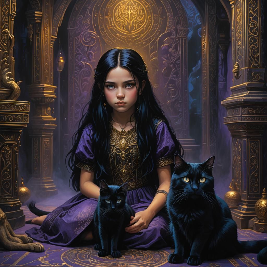Mystical Girl with Black Cat in Dark Fantasy Art