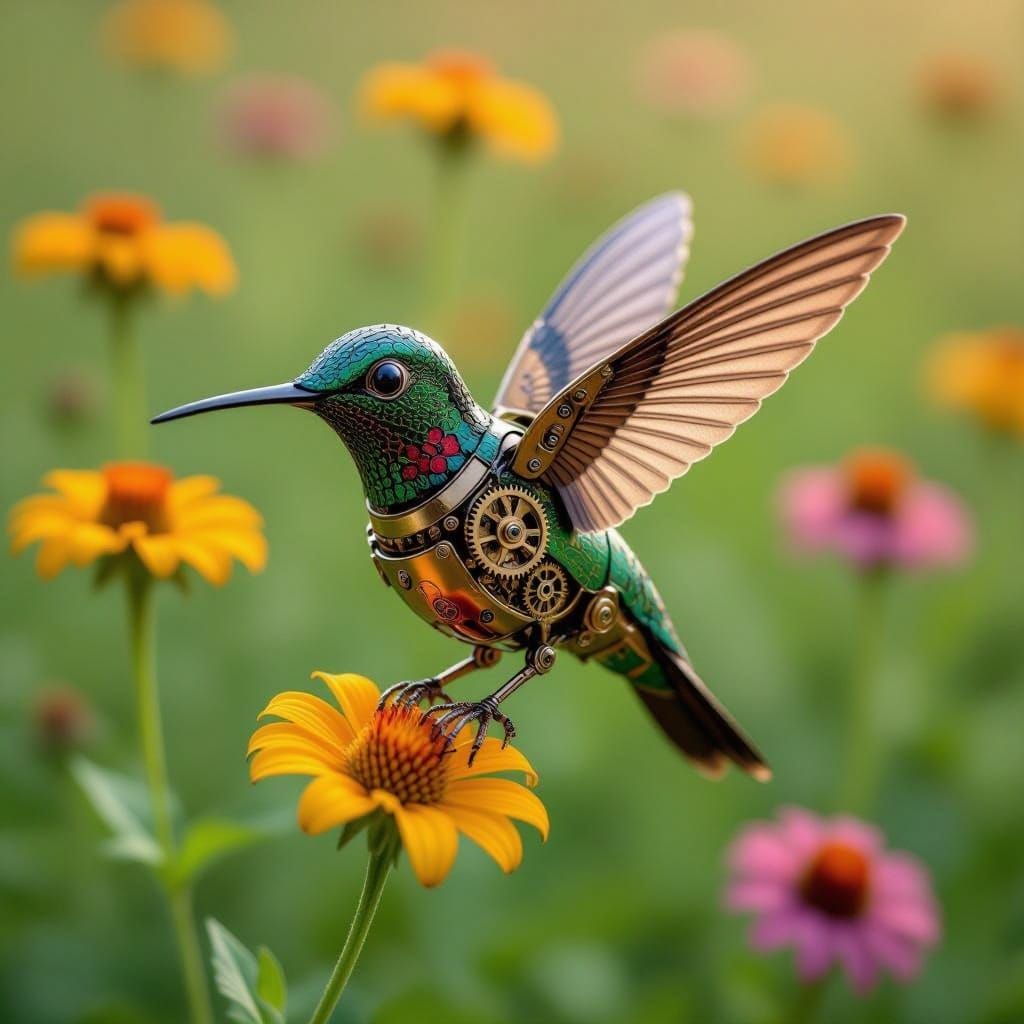 Steampunk Hummingbird Automaton in Wildflower Field