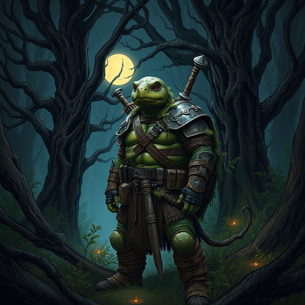 Heroic Tortoise Witcher in Moonlit Forest
