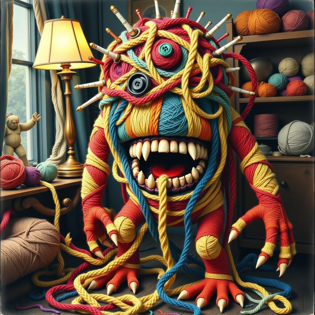 Surreal Cubist Yarn Monsters in Neo-Cubism Style