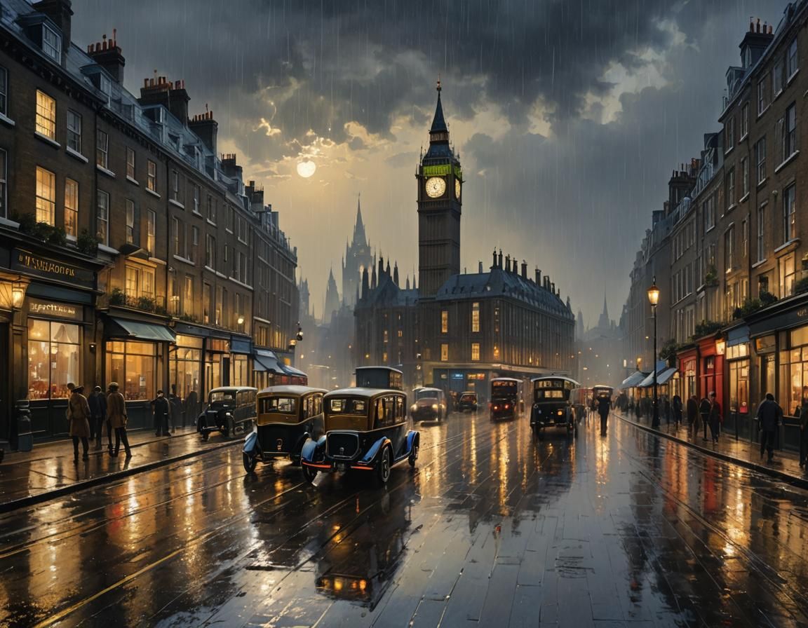 Victorian London Rainy Nightscape in Watercolour