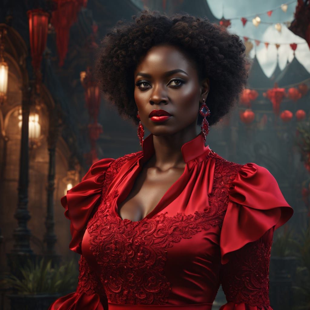 Curvy Black Woman in Frilly Red Satin Blouse