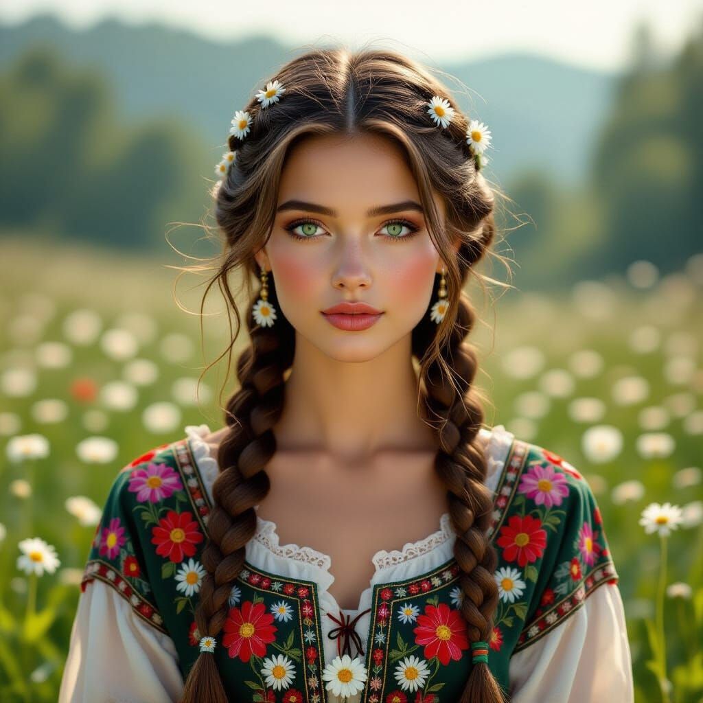 Young Woman with Daisy-Adorned Braids in Embroidered Garment