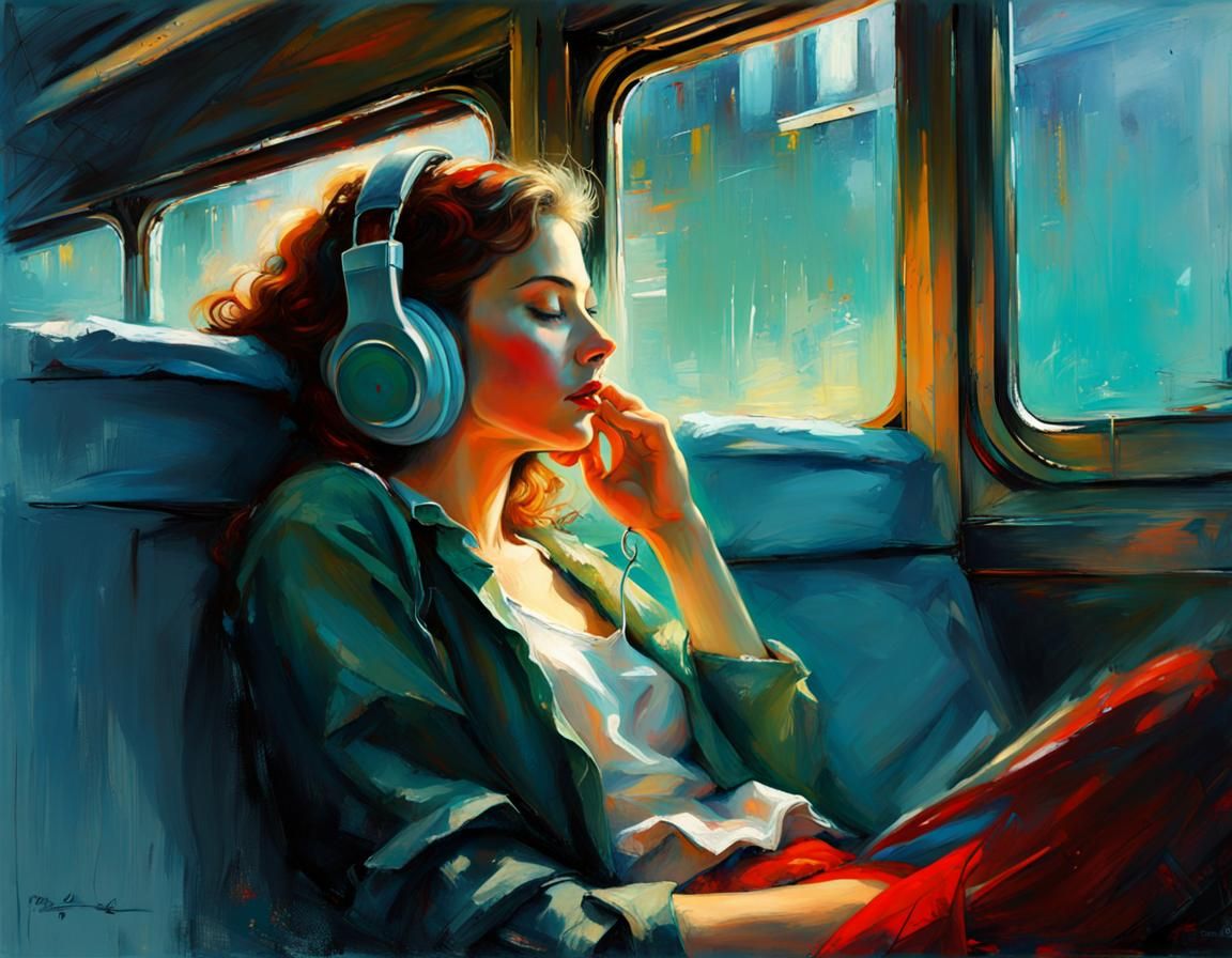 Girl Sleeping on Bus with Star Map, in Dreamy Style