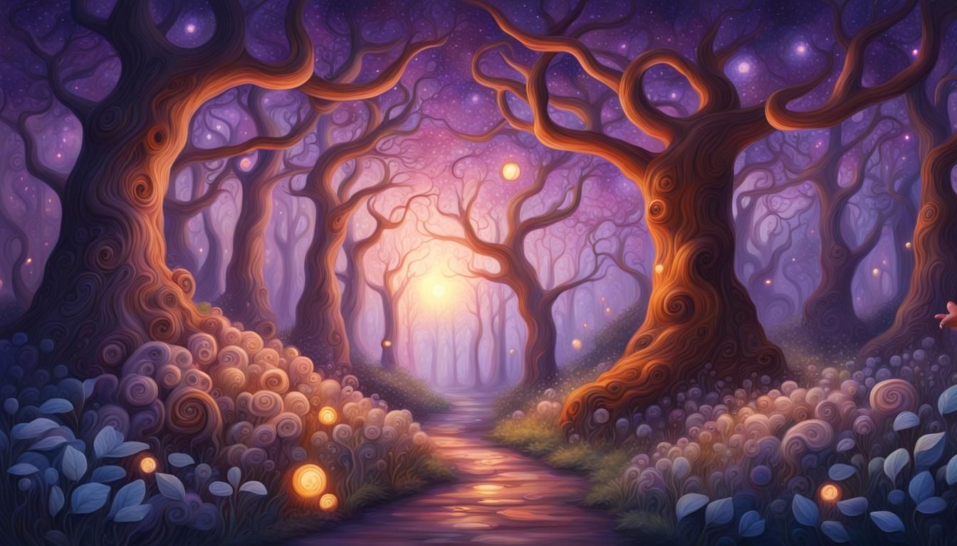 Whimsical Fantasy Forest Painting with Cinnamon Roll Trees