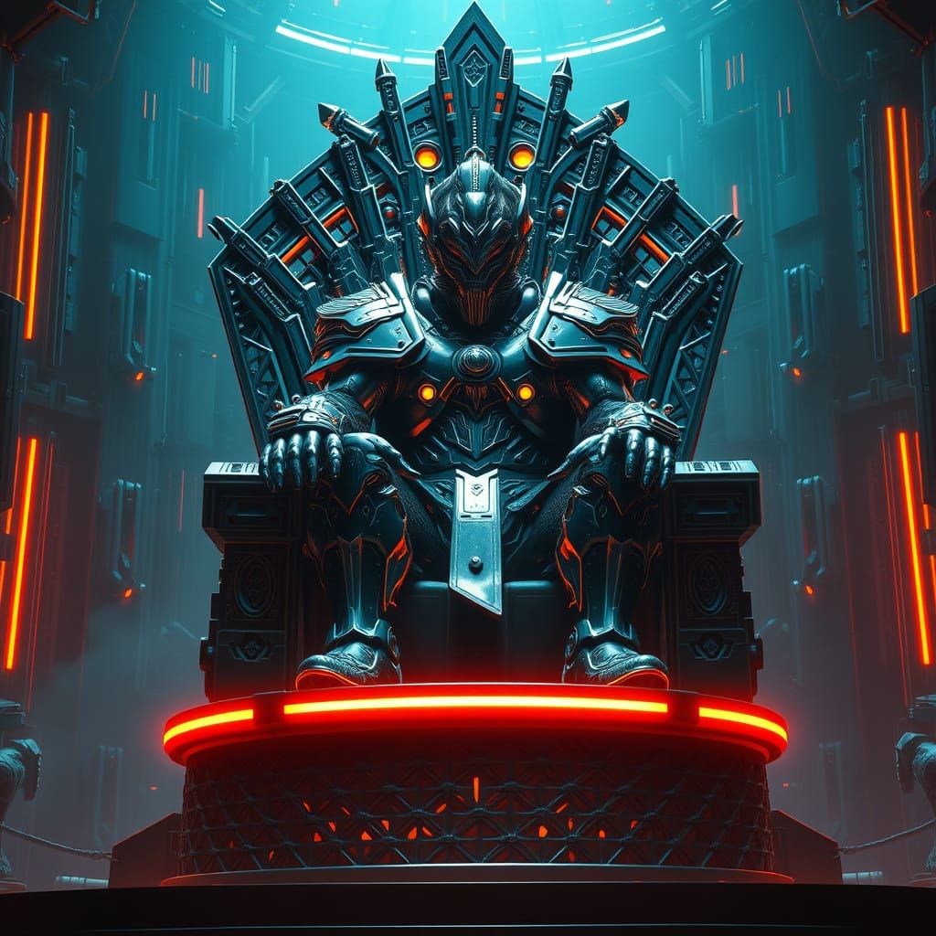 Cyberpunk Warrior King on a Futuristic Throne with Vibrant N...