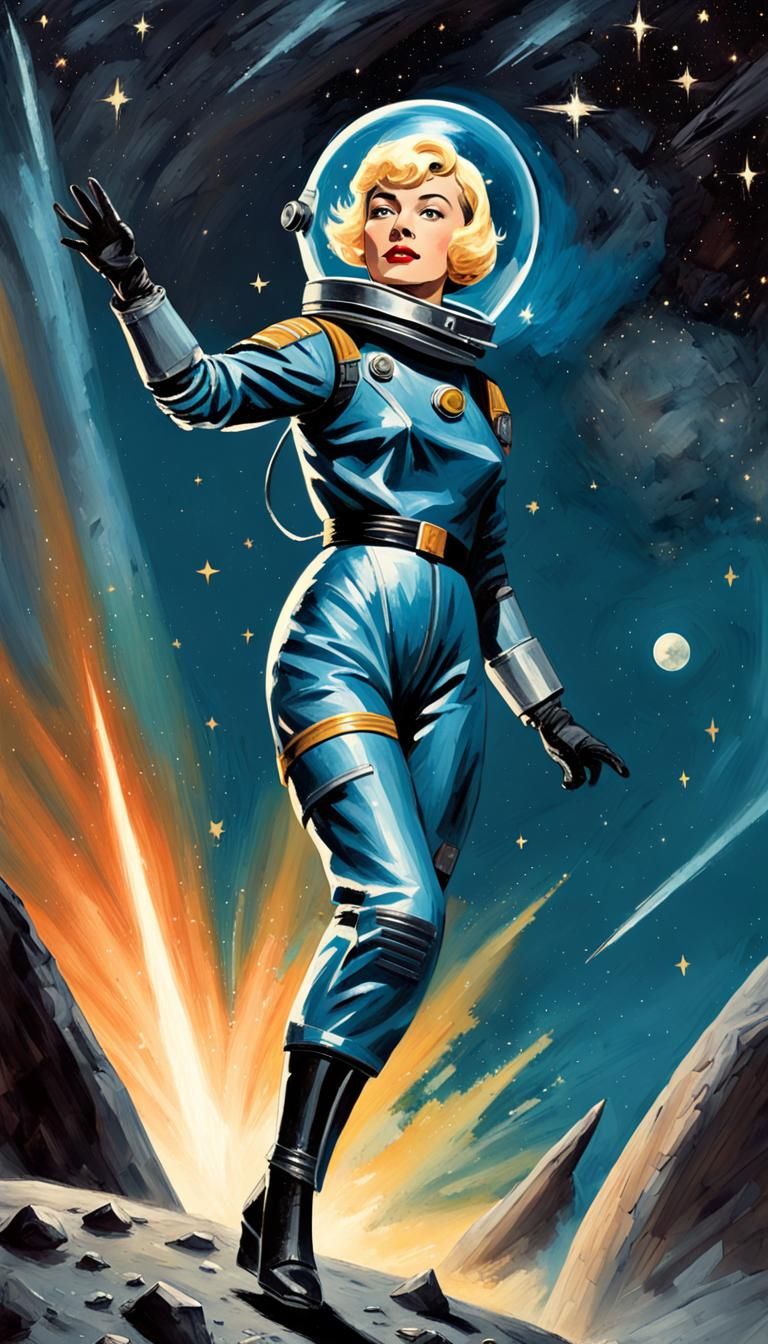 Retro Sci-Fi Woman on Asteroid in Pulp Art Style