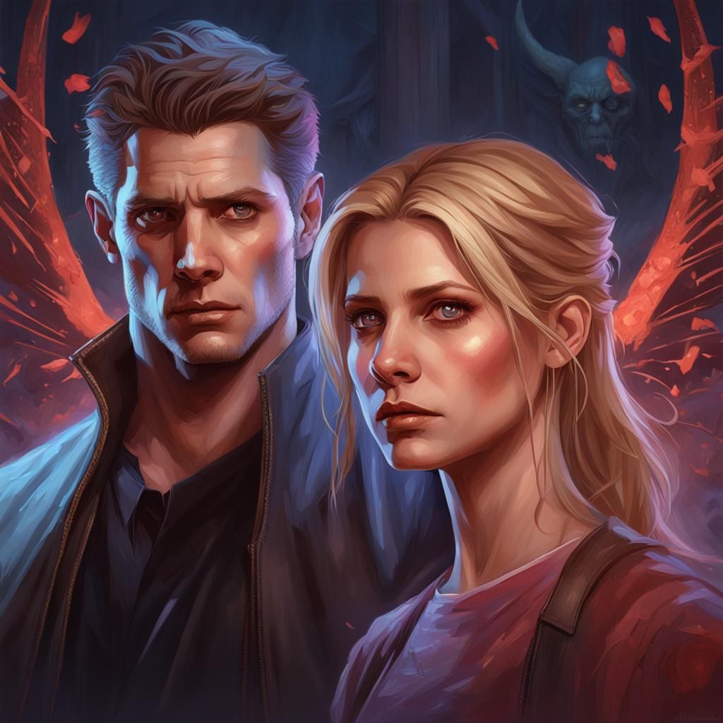 Buffy and Angel Portrait in Art Nouveau Style